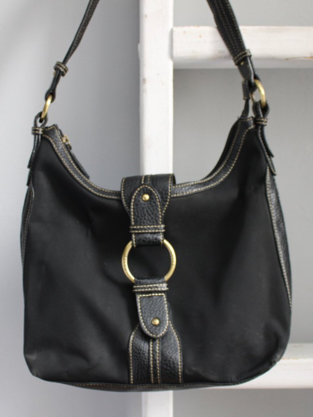 Chaps by Ralph Lauren VTG Y2K Leather Hobo Shoulder Bag Black Zipper Flap Snap - Picture 7 of 8